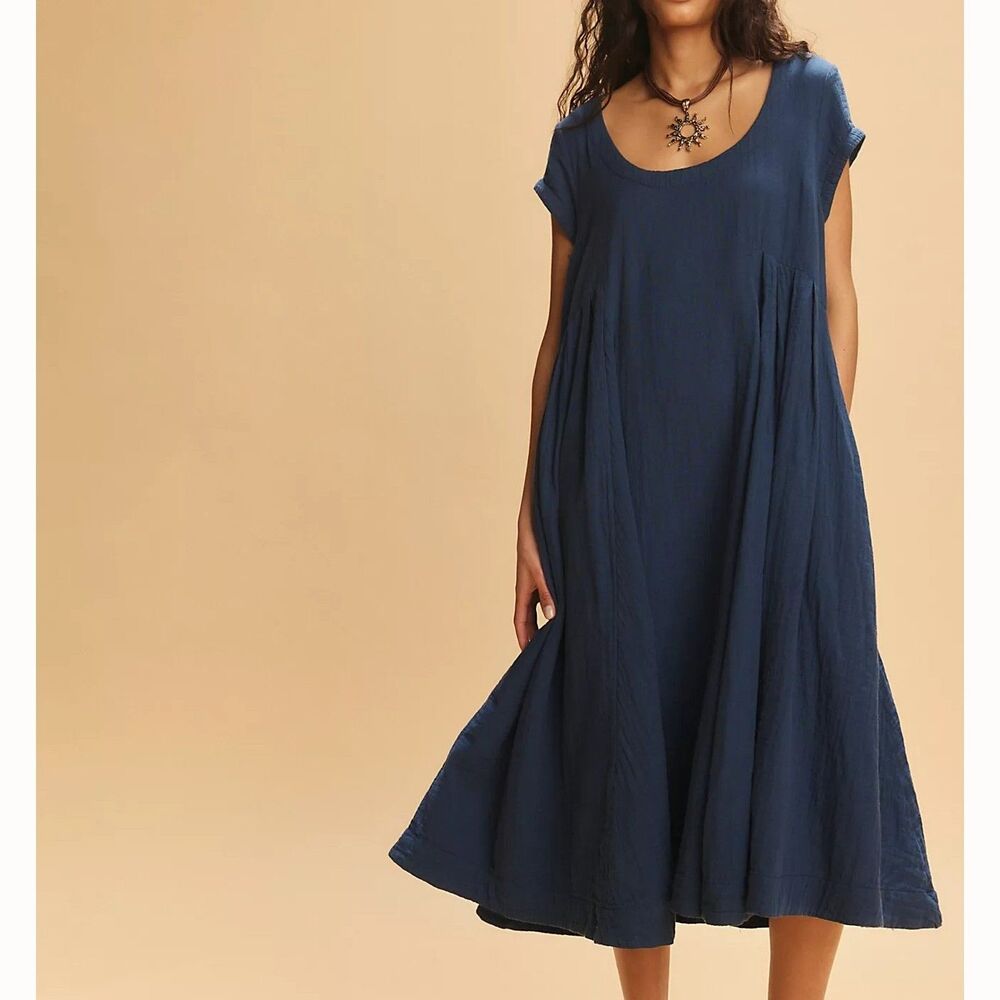 Free People Free Est Blaine Midi Dress Scoop Neck Cap Sleeves Cotton M 291383